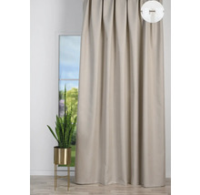 Perdea bej cu prindere cu ochiuri în fața unei ferestre și o plantă de interior într-un ghiveci.