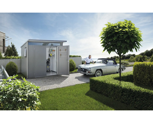 Scenă de grădină cu magazie de scule, mașină de epocă și bărbat care își întreține mașina