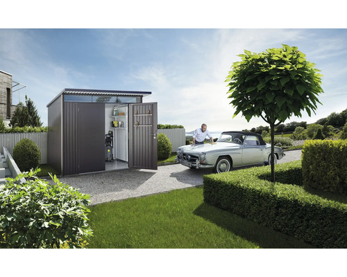 Scenă de grădină cu magazie de scule, mașină de epocă și bărbat care are grijă de mașină