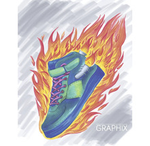 Ilustrație cu un pantof sport înconjurat de flăcări.