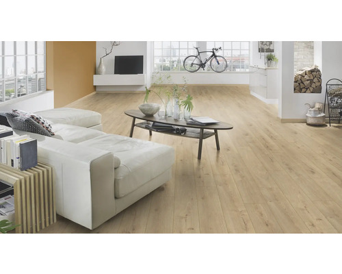 Cameră de zi luminoasă cu podea laminată, canapea și masă