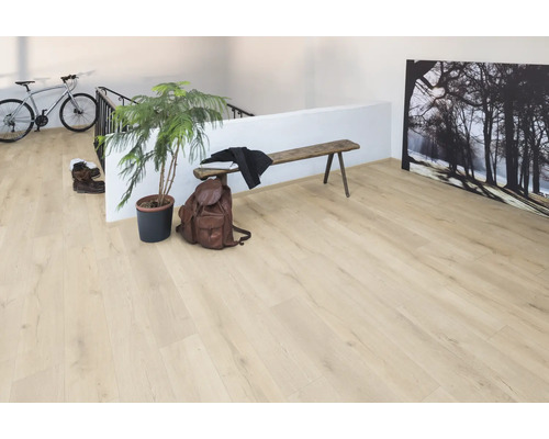 Pardoseală laminată deschisă la culoare într-un hol cu plantă, rucsac, bancă și bicicletă