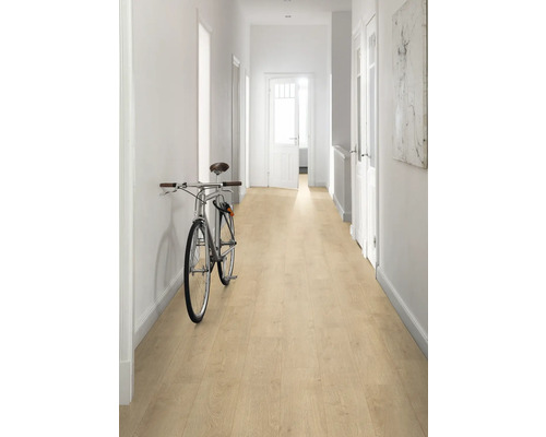 Hol luminos cu parchet laminat cu aspect de lemn și o bicicletă sprijinită de perete