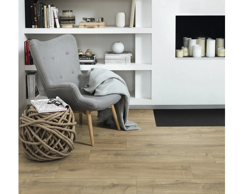 Cameră de zi cu fotoliu, măsuță laterală din frânghie și rafturi