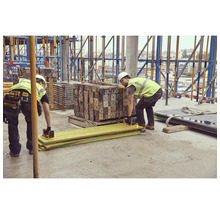 Doi muncitori în construcții transportă lemn pe un șantier cu elevatoare cu vid