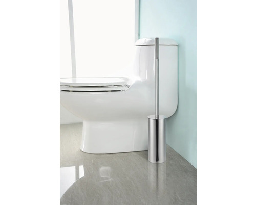 Toaletă albă cu perie de toaletă din oțel inoxidabil