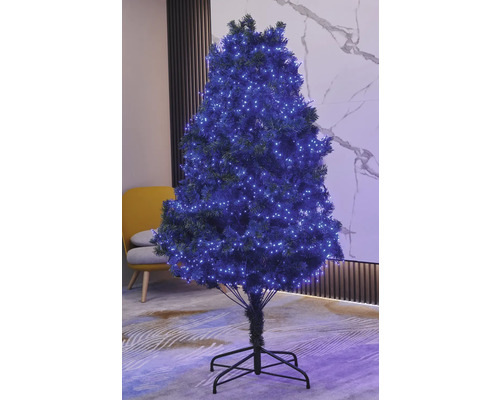 Brad împodobit de Crăciun cu lumini în interior.