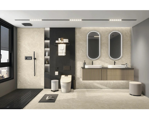 Baie modernă cu lavoar, oglinzi, toaletă și duș