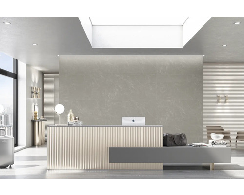 Zonă de recepție luminoasă, modernă, cu perete placat cu gresie și birou de recepție