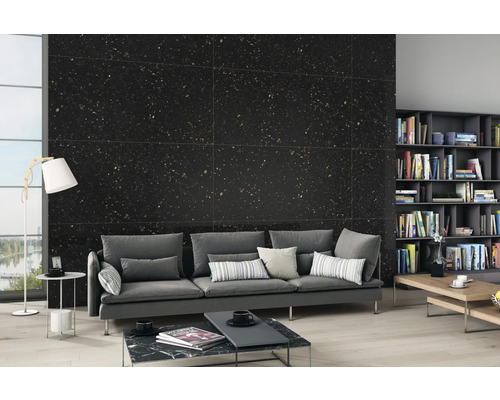 Cameră de zi cu faianță neagră, canapea și bibliotecă