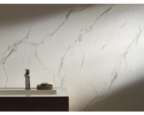 Baie cu chiuvetă, robinet și decor de perete în stil marmură