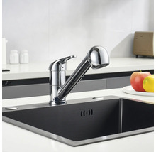 Chiuvetă de bucătărie cu baterie monocomandă cromată și duș extractibil