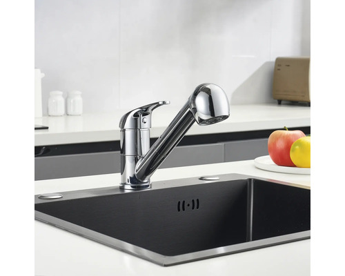 Chiuvetă de bucătărie cu baterie monocomandă cromată și duș extractibil