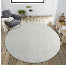 Living cu covor rotund, fotoliu și măsuță laterală.