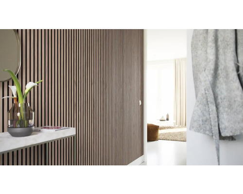 Fotografie de interior a unui hol cu design modern, cu panouri de perete care creează o atmosferă elegantă și optimizată acustic.