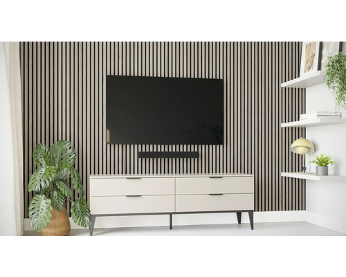 Cameră de zi cu panouri de perete, televizor, soundbar, comodă și rafturi de perete