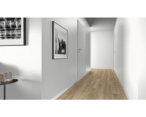 Hol luminos cu podea laminată, uși și tablouri murale