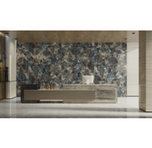 Interior cu plăci de perete de mari dimensiuni cu aspect de marmură și birou de recepție