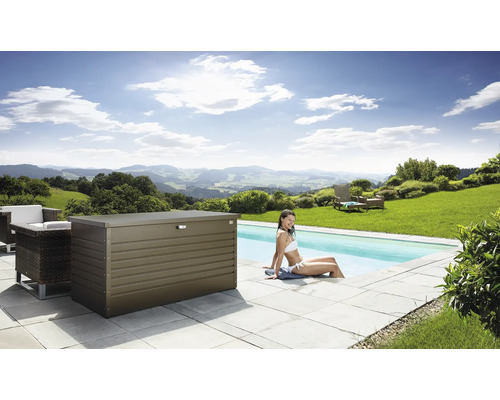 Scenă cu o cutie de depozitare metalică lângă o piscină, înconjurată de mobilier de grădină și o femeie stând în apă.
