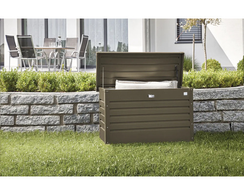 Cutie metalică de depozitare deschisă în grădină