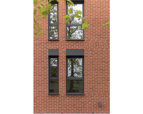 Fațadă cu patru ferestre cu rame închise la culoare