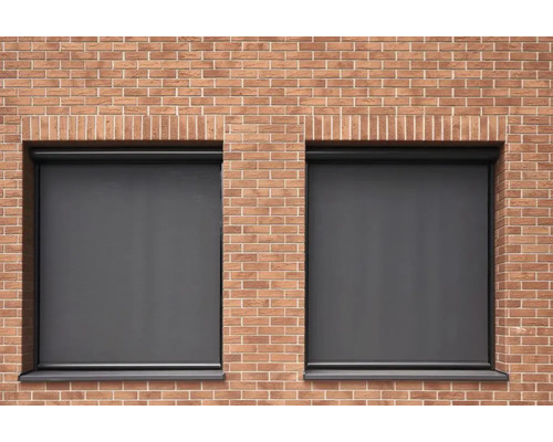 Două ferestre cu jaluzele coborâte într-un zid de cărămidă.