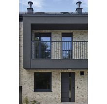 Fațada unei case rezidențiale moderne cu balcon, ferestre și ușă de intrare