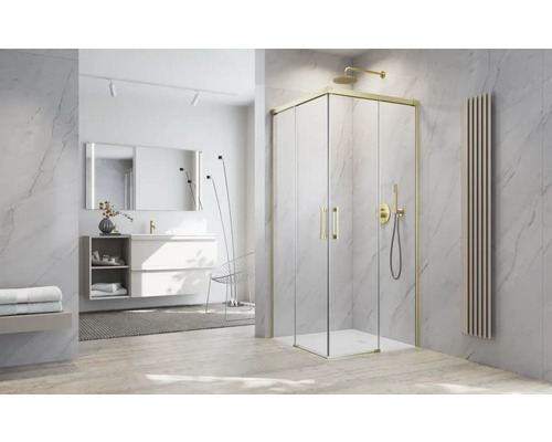 Baie modernă cu cabină de duș, lavoar și calorifer