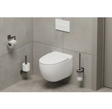 WC suspendat cu suport pentru hârtie igienică și set de perii într-o baie