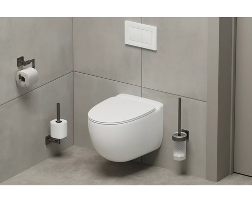 WC suspendat cu suport pentru hârtie igienică și set de perii într-o baie