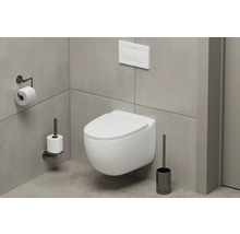 Scenă dintr-o baie cu WC suspendat, perie de toaletă, suport de hârtie igienică și panou de operare