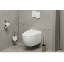 Baie modernă cu toaletă suspendată, panou de control, suport pentru hârtie igienică și perie WC.