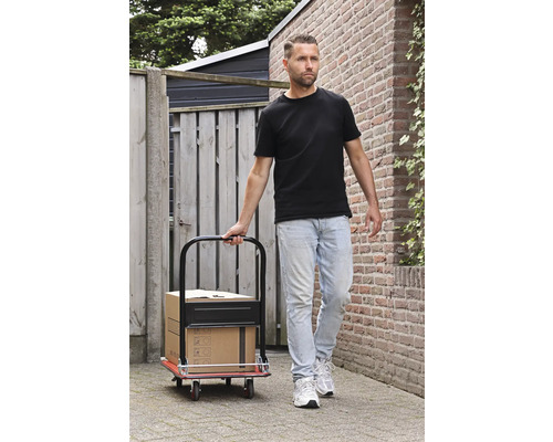 Bărbat trăgând un cărucior cu cutii pe o alee pavată