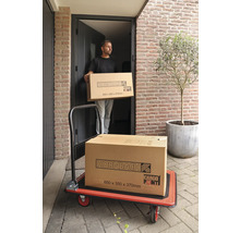 Bărbat care transportă pachet Hornbach pe o platformă cu rotile