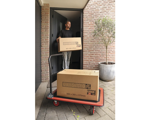Bărbat care transportă pachet Hornbach pe o platformă cu rotile