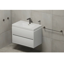 Chiuvetă cu două sertare, baterie, dispenser de săpun și suport pentru prosoape în baie