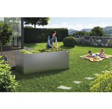 Grădină cu jardinieră metalică, plantată cu legume, în timp ce o femeie recoltează și copiii se joacă.