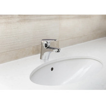 Pe o chiuvetă este așezat un mixer monocomandă metalic.