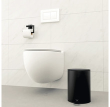 Scenă cu toaletă suspendată, suport de hârtie igienică, panou de control și coș de gunoi cu pedală.