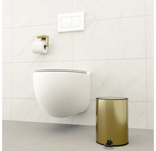 Baie modernă cu toaletă suspendată, suport pentru hârtie igienică și coș de gunoi cu pedală