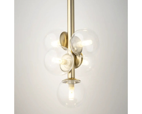 Lumină suspendată cu globuri din sticlă transparentă și structură metalică