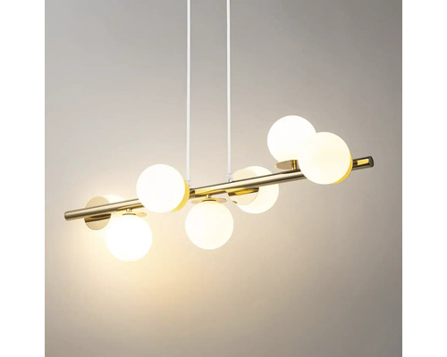 Lumină suspendată modernă cu șase abajururi rotunde pe o bară orizontală