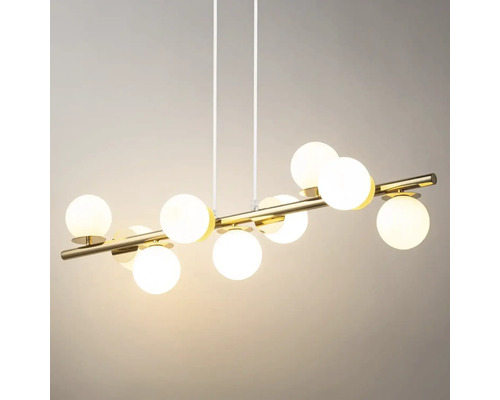 Lustr modern cu mai multe abajururi sferice pe o bară orizontală