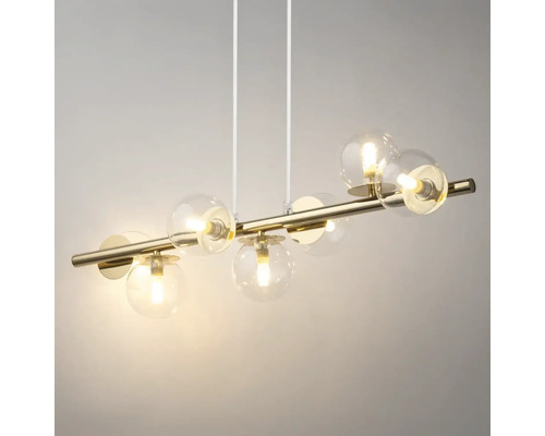 Lampa suspendată cu șapte bile de sticlă pe o bară dreaptă