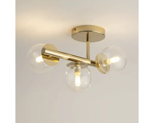 Lumină de plafon cu trei globuri de sticlă și cadru auriu