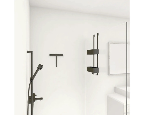 Baie cu armătură de duș, racletă și raft de duș