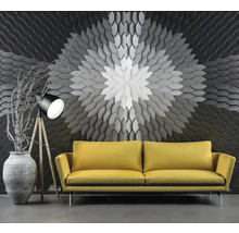Cameră de zi cu design tridimensional pe perete, canapea galbenă și lampă de podea