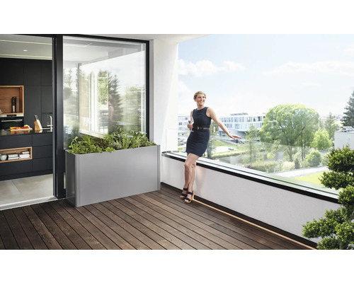 Scenă de balcon cu jardinieră, femeie și vedere la bucătărie