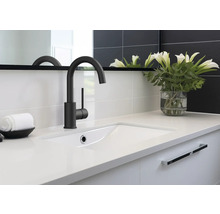 Chiuvetă de baie cu robinet, prosop și vază de flori