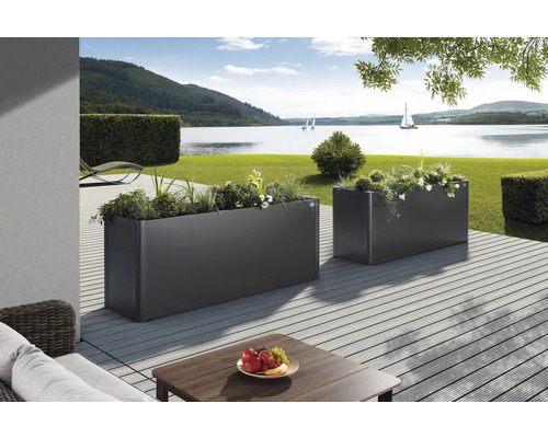 Două jardiniere dreptunghiulare plantate pe o terasă cu vedere la lac